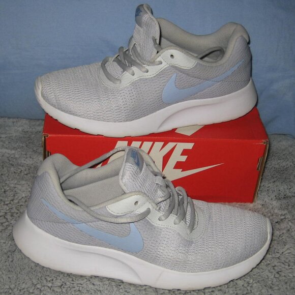 Nike Tanjun Knit Running Sneakers, Light Gray Blue Swoosh - Picture 1 of 9